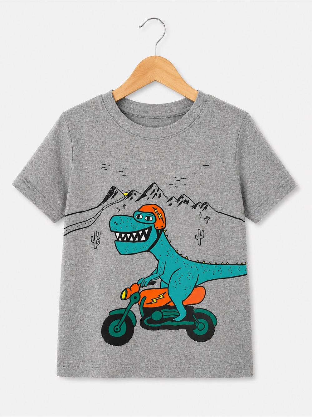 Kids Gray Tee with Teal Dinosaur on Motorcycle 5T